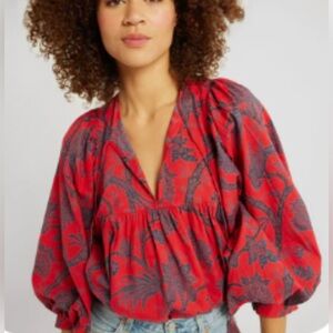 Mille Charlie Blouse in Red and Blue Carmine Floral (EUC)